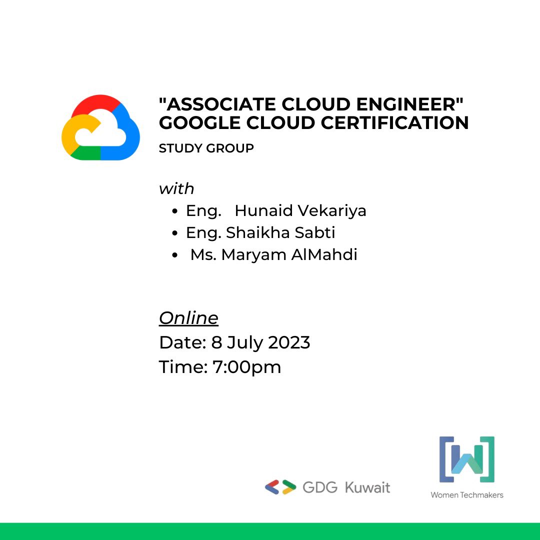 gdgwtmkuwait's tweet photo. We invite you to join GDG Kuwait offering of Google Cloud Certification Study Group - Google Cloud (Study Session)

https://t.co/wbVvGmwUcu

#GDGKuwait #gdgwtmkuwait #GDG #wtm #cloudcertification #googlecloud #storage #networking #google #kuwait #studyjams #roadtogoogledevelopers https://t.co/LGfTk2i2dK