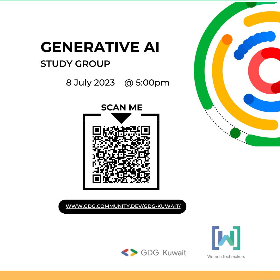 gdgwtmkuwait's tweet photo. We invite you to join GDG Kuwait offering of Generative AI Study Group - Generative AI. All welcome.

https://t.co/4eulzKTvcU

#GDGKuwait #gdgwtmkuwait #GDG #wtm #cloudcertification #googlecloud #storage #networking #google #kuwait #studyjams #roadtogoogledevelopers https://t.co/2k8HRWRCPQ
