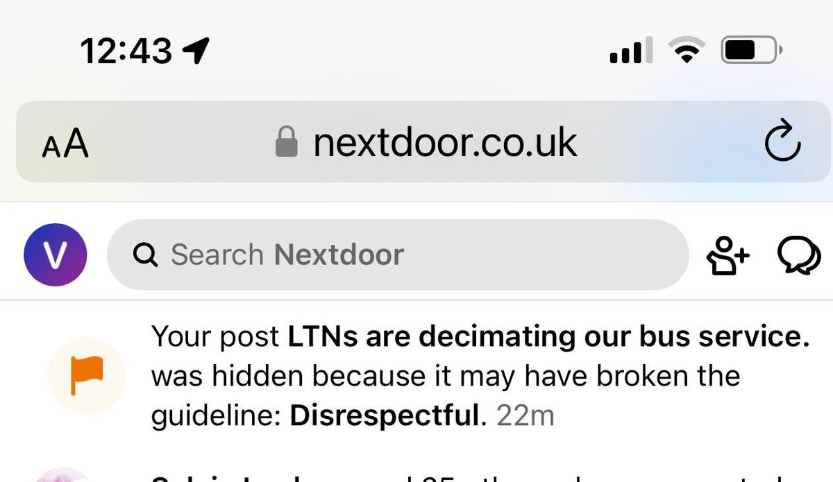 Dear <a href="/Nextdoor_UK/">Nextdoor UK Support</a> ….you have taken down a post that showed buses having a poor performance around LTNs since implementing them. This censorship is shocking.  You called it disrespectful. Disrespectful to who?I demand an investigation into your staff immediately 

<a href="/neilchristiex/">neil christie</a>