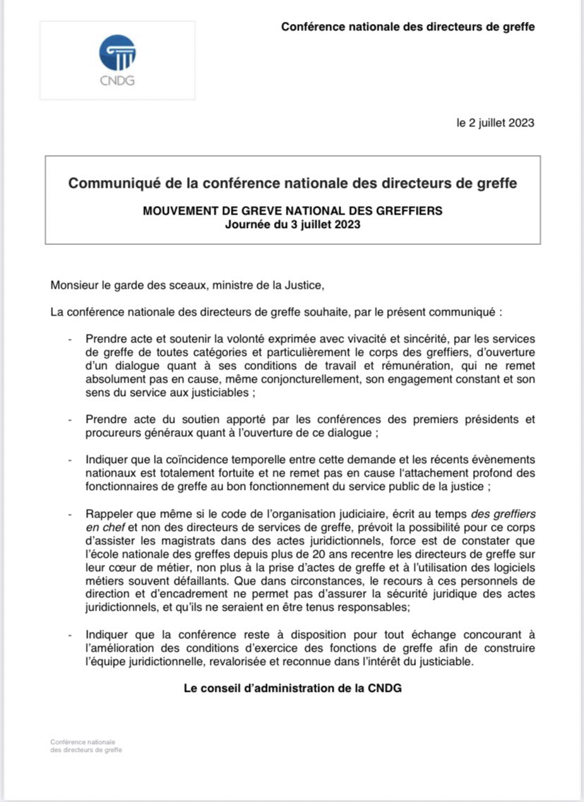 cndgtj's tweet photo. Retrouvez le communiqué de la conférence nationale des directeurs de greffe - mouvement des greffes du 3 juillet - pour une équipe juridictionnelle revalorisée et reconnue, autour du justiciable. @Porte_parole_MJ @justice_gouv @HberPaul #dsj #greffes #3juillet https://t.co/QurnXxXL6q