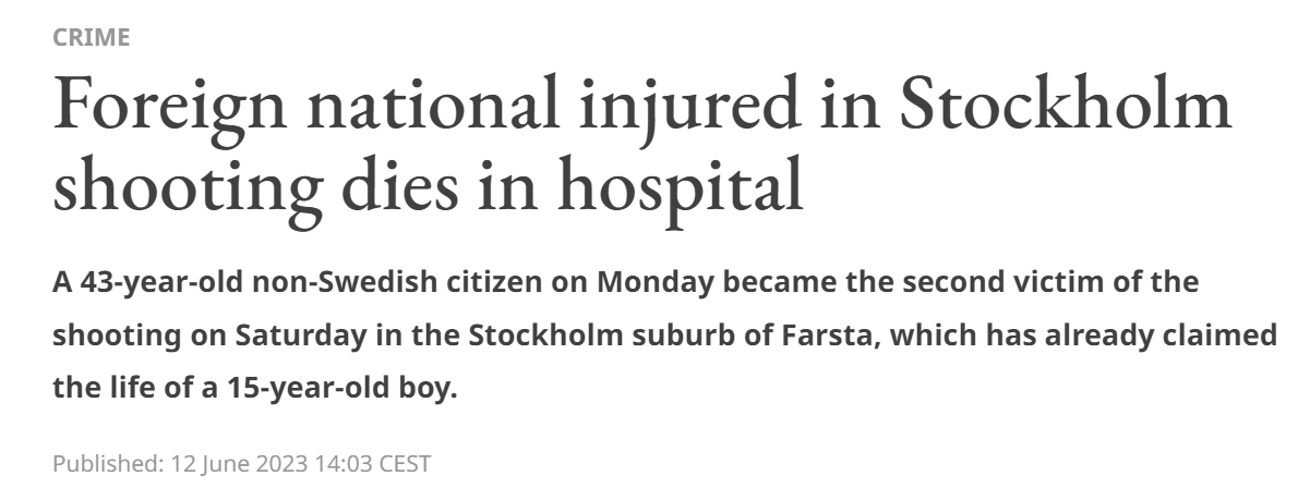Aktivarum's tweet photo. @CambioTheSystem @GoldingBF BULL-SHIT! There were more "of their own" (and younger age) murdered in cold blood in #Farsta shooting in Stockholm Sweden.
As long as its gangsters doing the murdering the migrants somehow seem to not CARE as much about human lives now, do they? https://t.co/lT3Zn5C90d