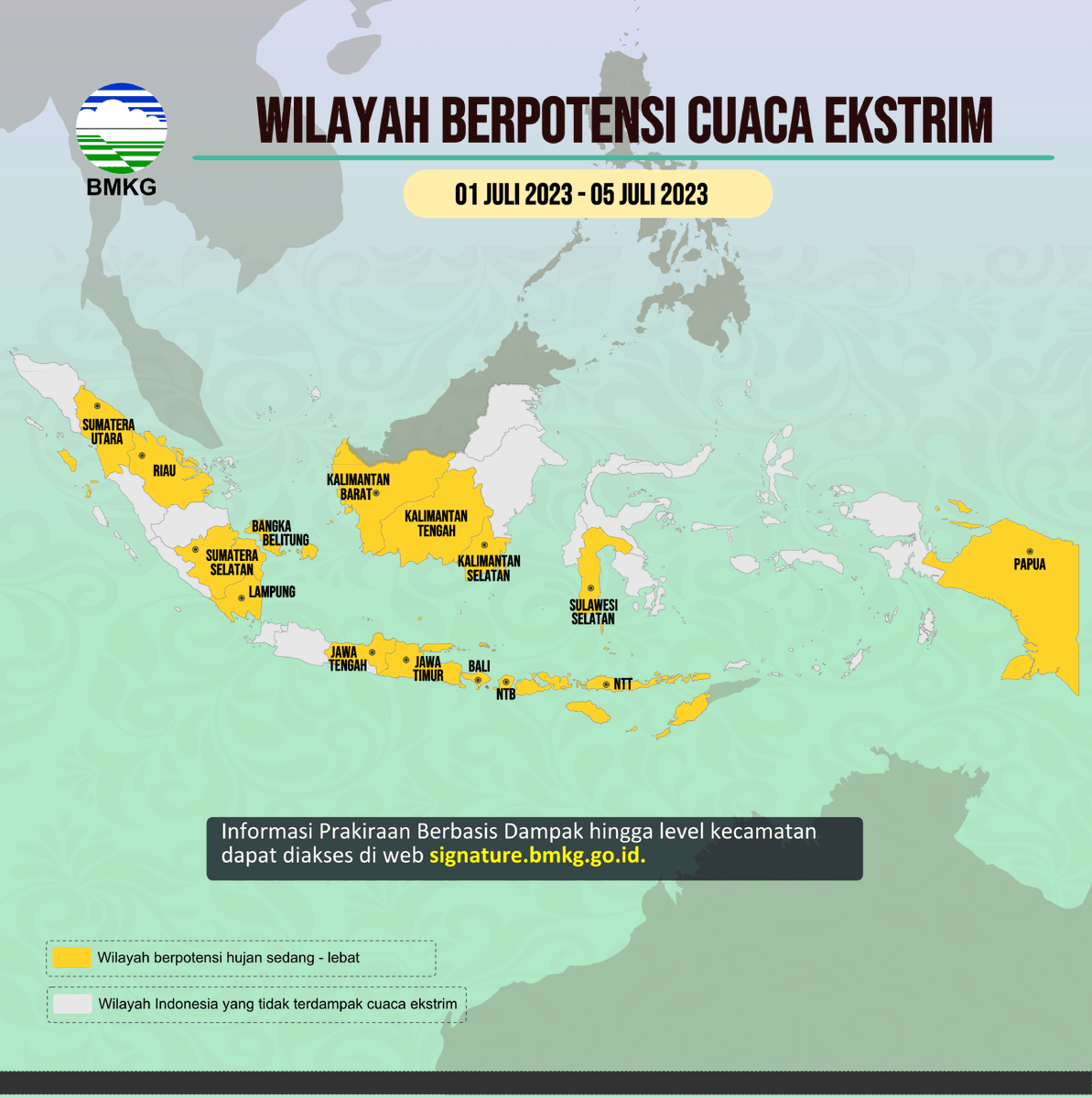 infoBMKG's tweet photo. Sobat BMKG

Mari cek potensi Cuaca Ekstrem di wilayah INDONESIA pada tanggal 01 - 05 Juli 2023.
Tetap waspada selalu Sobat.

#infobmkgpws #markicugrafis #02juli2023pws https://t.co/6kqwIddynx