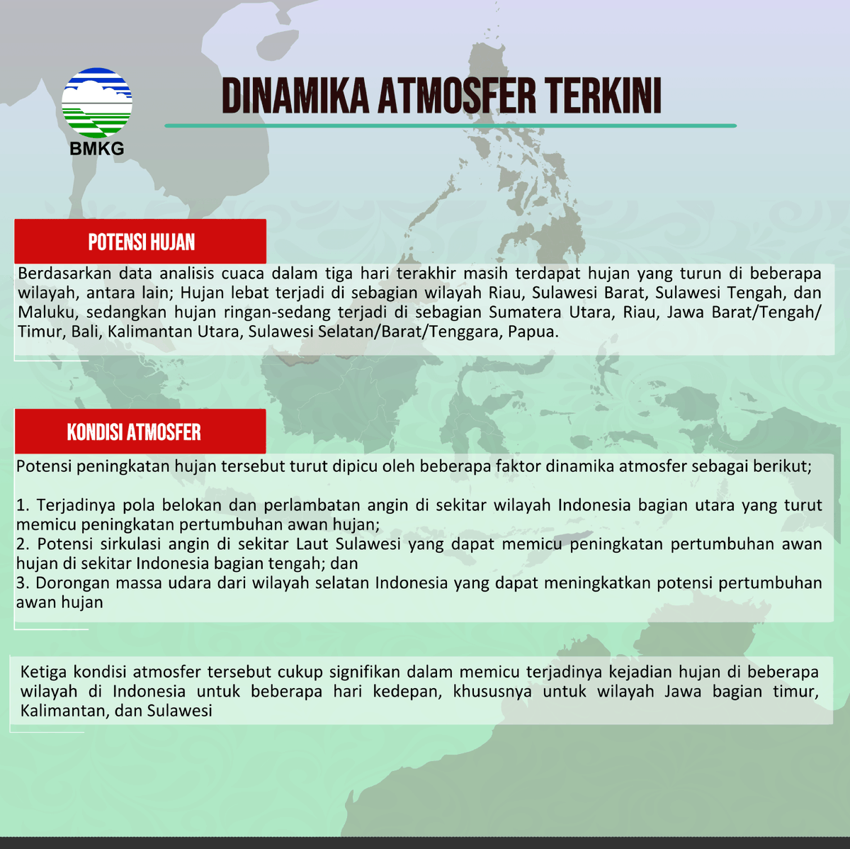 infoBMKG's tweet photo. Sobat BMKG

Mari cek potensi Cuaca Ekstrem di wilayah INDONESIA pada tanggal 01 - 05 Juli 2023.
Tetap waspada selalu Sobat.

#infobmkgpws #markicugrafis #02juli2023pws https://t.co/6kqwIddynx