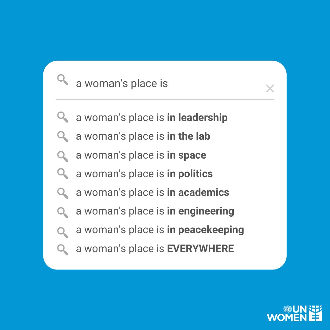 Leadership
Science
Space
Politics
Engineering
Peacekeeping
💪A woman’s place is EVERYWHERE, and in every space, she has the right to feel safe and welcome.

RT if you agree!