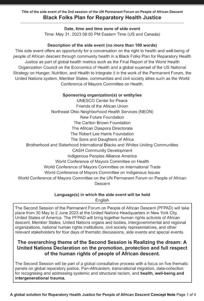 (6th meeting) 2nd Session of the Permanent Forum on People of African Descent – Thematic Discussion: Health, Well-Being, and Intergenerational Trauma
Check link below
<a href="/FAUCORPHQ/">FAU CORPORATE</a>
<a href="/fauchairman/">hershel daniels jr</a> 
<a href="/Ukej54612Ngozi/">Ngozi Ukeje</a> 
#BlackFolksPlan
#PFPAD
#IDAD
#AfricanDescent

friendsoftheafricanunion.com/5190-2/