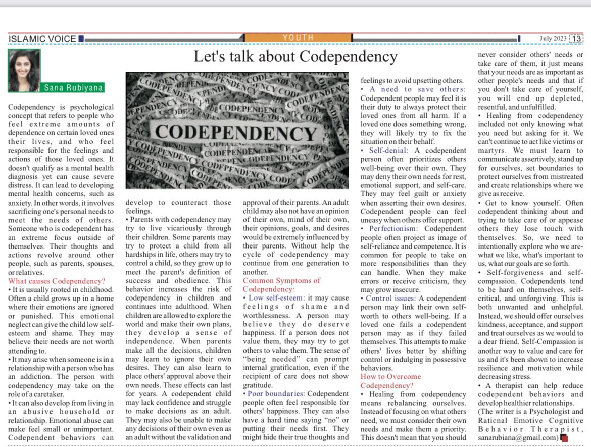 SRubiyana's tweet image. My article on “Let’s talk about Codependency” for Islamic Voice, July 2023.

islamicvoice.com/wp-content/upl…

#codependency #codependencyrecovery #codependentnomore #codependent #mentalhealthawareness #letstalkmentalhealth #islamicvoice #newspaperarticle #mentalhealthadvocate