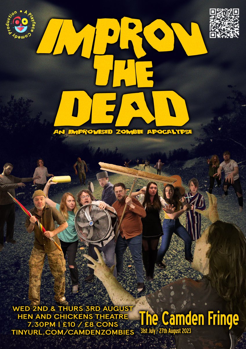 improvthedead's tweet photo. One month away today! Improv The Dead, a gory improv show in a zombie apocalypse. 🧟‍♂️🧟‍♀️ You choose the story, they improvise the horror. 💀😂 Hen and Chickens, 2nd and 3rd Aug, 7:30pm. 🎭 Tickets: https://t.co/lhKLI1oq1d 🎟️@camdenfringe @TheHenChickens #improv #zombies https://t.co/YiHZXUiwbu