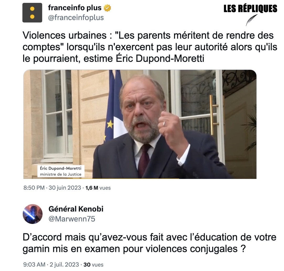 "Les parents qui ne s'intéressent pas à leurs gamins et qui les laissent traîner la nuit encourront deux ans de prison ferme et 30 000€ d'amende" a indiqué le ministre de la Justice <a href="/E_DupondM/">Eric Dupond-Moretti</a> 

<a href="/Marwenn75/">Gnl Obi 1</a>