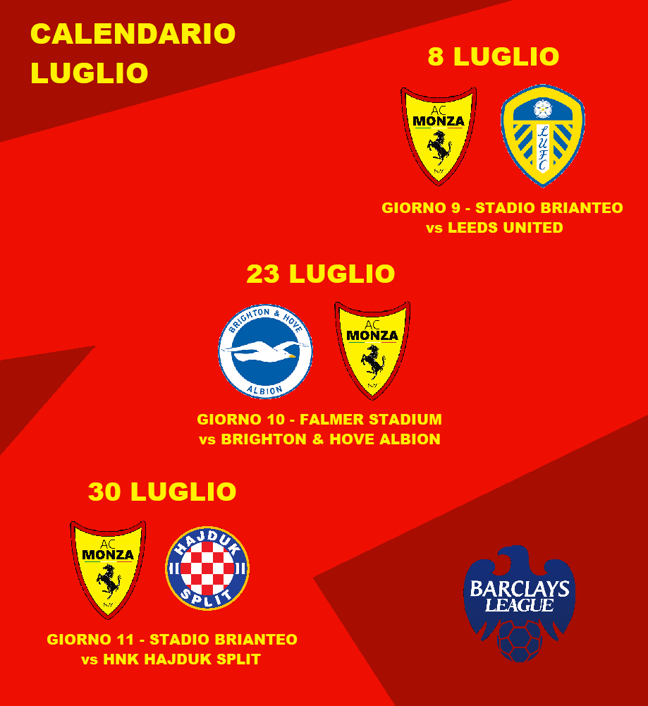 ACMonzaFerrari's tweet photo. 📅 Le calendrier qui nous attend en ce mois de Juillet !!

08 Juillet 🆚 🏴󠁧󠁢󠁥󠁮󠁧󠁿 Leeds United (🏠)
23 Juillet 🆚 🏴󠁧󠁢󠁥󠁮󠁧󠁿 Brighton (✈️)
30 Juillet 🆚 🇭🇷 Hajduk Split (🏠)

Bientôt la fin des vacances ! 😍 (enfin)

#BarclaysLeague (coucou discord 👋 😃) https://t.co/8MFEGjCIwZ