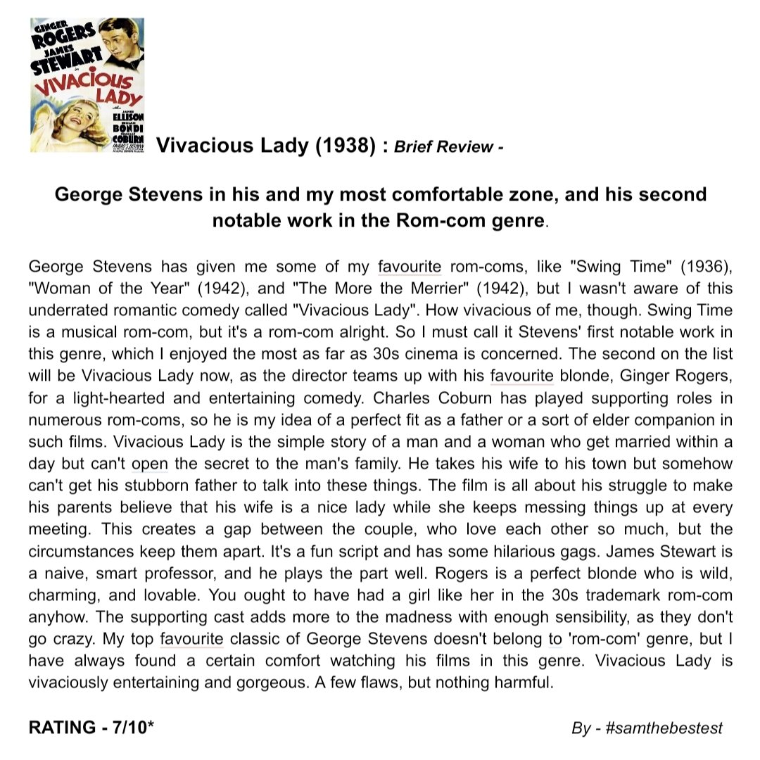 SAMTHEBESTEST_'s tweet photo. Watched #VivaciousLady (1938) :
George Stevens in his and my most comfortable zone, and his second notable work in the Rom-com genre.
RATING - 7/10*
#georgestevens #jamesstewart #gingerrogers #charlescoburn #jamesellison #Beulahbondi #hattiemcdaniel #franklinpangborn #RomCom https://t.co/Ee2xHNci7s