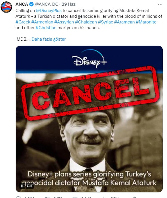 haskologlu's tweet photo. ABD'de baskın olan Ermeni lobilerinin Mustafa Kemal Atatürk dizisiyle ilgili başlattığı baskı sonrası Disney+, Türkiye'deki tüm Türkçe içerikleri kaldırdı.

Linç kampanyasında Türkiye Cumhuriyeti'nin kurucusu Mustafa Kemal Atatürk'e soykırımın lideri şeklinde hakaret ediyorlar. https://t.co/WuxZI03rRK