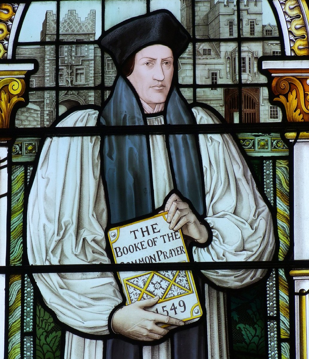 SimoninSuffolk's tweet photo. Thomas Cranmer, one of the major figures of the English Reformation, was born #OTD 1489. Here he is at Emmanuel College Chapel, Cambridge, holding his great gift to the English-speaking world, the sublime and enduring prose of the CofE's Book of Common Prayer. Glass of 1883 by Heaton, Butler & Bayne.