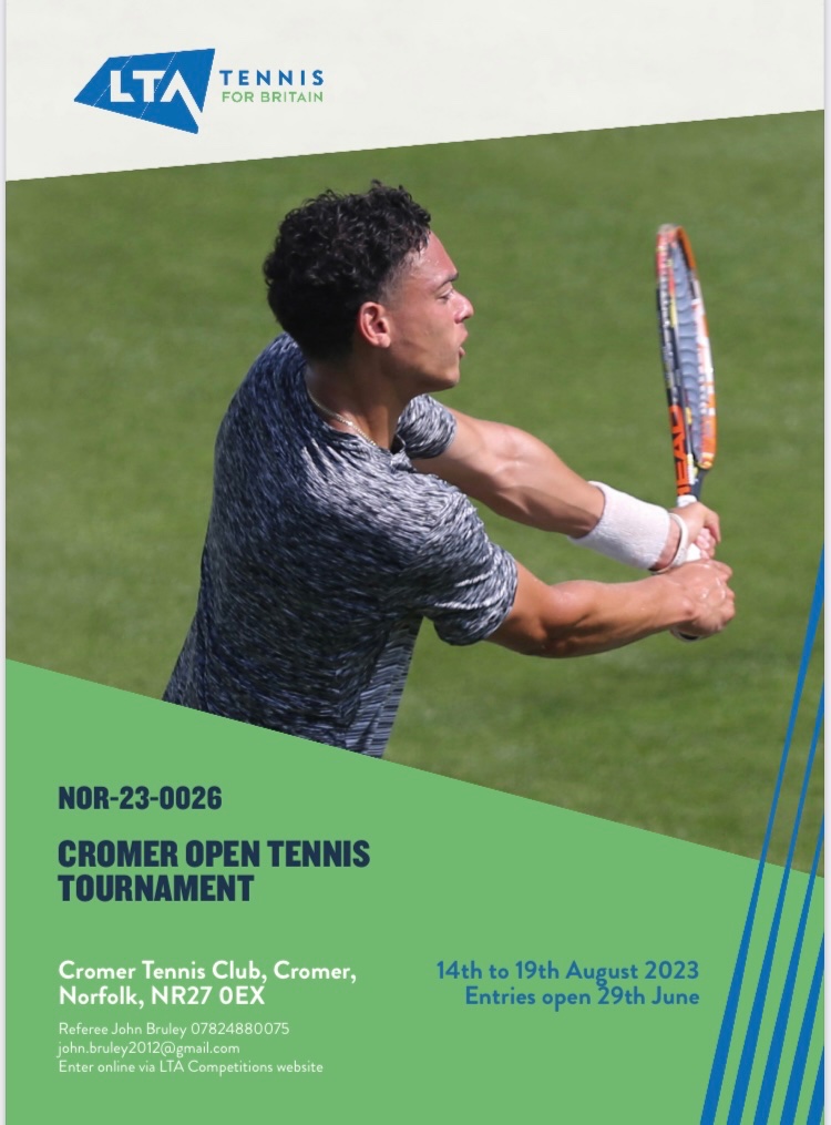 CROMERTENNIS's tweet photo. Entries are now open for our Annual Open Event which starts Mon 14th Aughere. We look forward to seeing you all once again & #raspberrycake being served! @norfolktennis @LTASuffolk @Cambslta @ltalincs @EssexLTA https://t.co/jzK6mvxHWa https://t.co/HgBGvPmuhb
