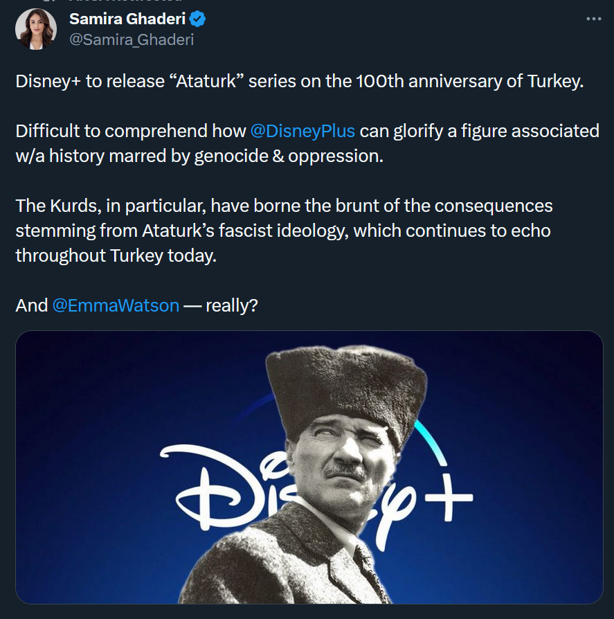 haskologlu's tweet photo. ABD'de baskın olan Ermeni lobilerinin Mustafa Kemal Atatürk dizisiyle ilgili başlattığı baskı sonrası Disney+, Türkiye'deki tüm Türkçe içerikleri kaldırdı.

Linç kampanyasında Türkiye Cumhuriyeti'nin kurucusu Mustafa Kemal Atatürk'e soykırımın lideri şeklinde hakaret ediyorlar. https://t.co/WuxZI03rRK