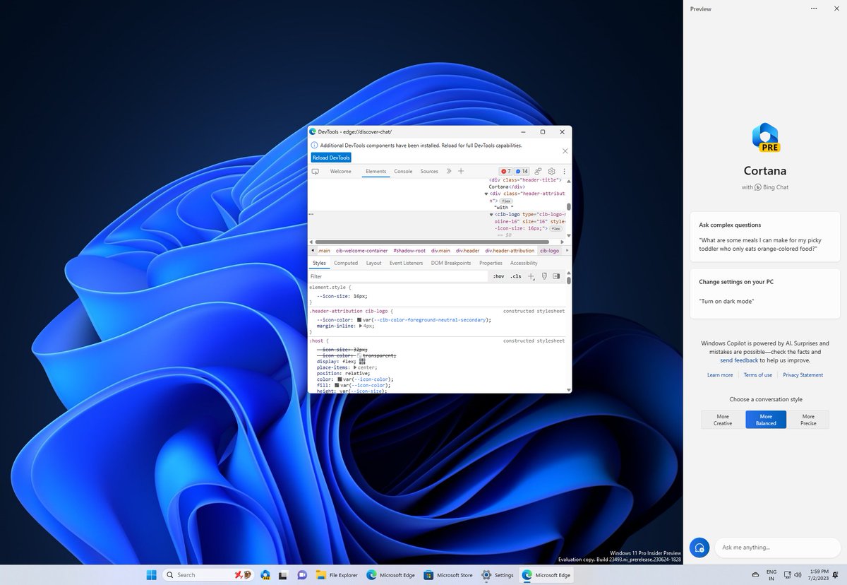 As I predicted, Windows Copilot is Bing running via Microsoft Edge. You can even open 'Inspect Element' and change 'Bing' to 'Cortana.' 🙃 Yes, this is an early preview, but I'm not too fond of Microsoft turning a full-fledged operating system into a web OS. #Windows11