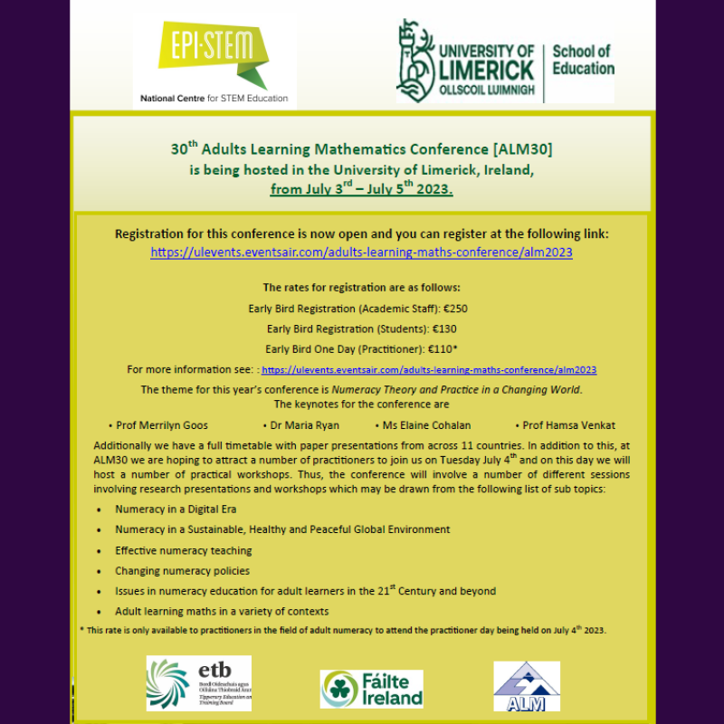 nalaireland's tweet photo. NALA is proud to be joining the @EPISTEM_UL Adults Learning Mathematics Conference #ALM30, taking place 3 - 5 July at the University of Limerick ๐
The theme is Numeracy Theory and Practice in a Changing World โโ
Register โคต๏ธ
https://t.co/wNQxKaahwP https://t.co/xcPsV7CTqV