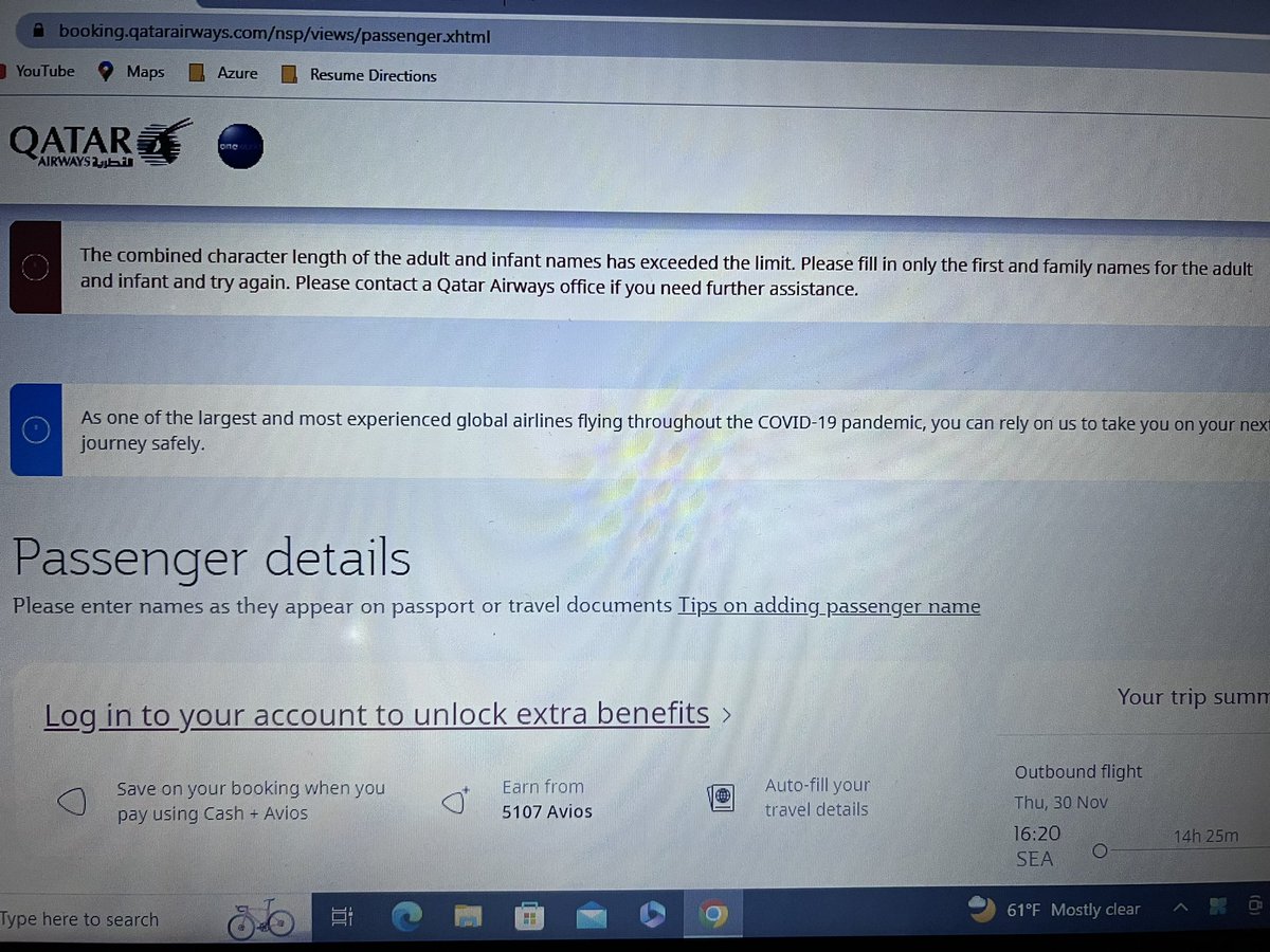 Mohansrinivas91's tweet photo. @qatarairways  I am unable to book ticket for my family due to exceeding name character limit. I am spending my whole night with customer care to add my infant to the booking and still they are figuring out. #Needhelp #qatarairways #qatarairwaysbooking. https://t.co/qqSIPCpXGR
