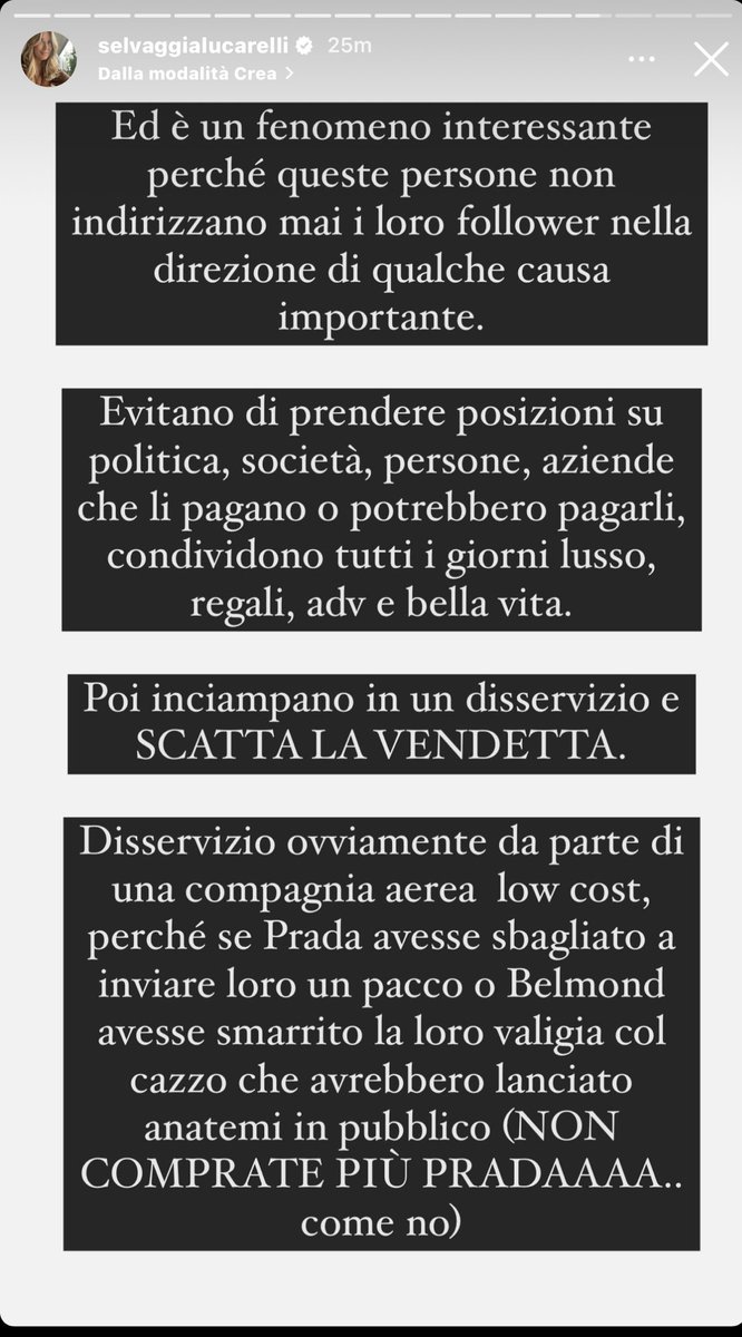 Riporto una “nota di colore” (lei, ovviamente, si dedica anche a cose più serie). La mosca bianca in un giornalismo fatto di noiose leccate - sempre interessate - e di banalità vomitevoli! ⁦⁦<a href="/stanzaselvaggia/">Selvaggia Lucarelli</a>⁩ #buongiorno