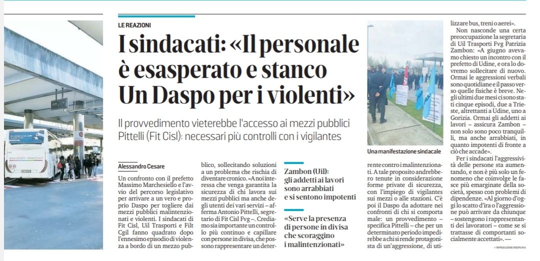 An_Pittelli's tweet photo. Aggressioni sui mezzi pubblici-Bisogna garantire la sicurezza dei lavoratori e degli utenti. Serve maggiore presenza di Agenti in divisa e un inasprimemto normativo introducendo il Daspo dai mezzi pubblici per i violenti. 

#Cisl #fitcisl #cislfvg #fvg #regionefriuliveneziagiulia https://t.co/S6EQHHM1QK