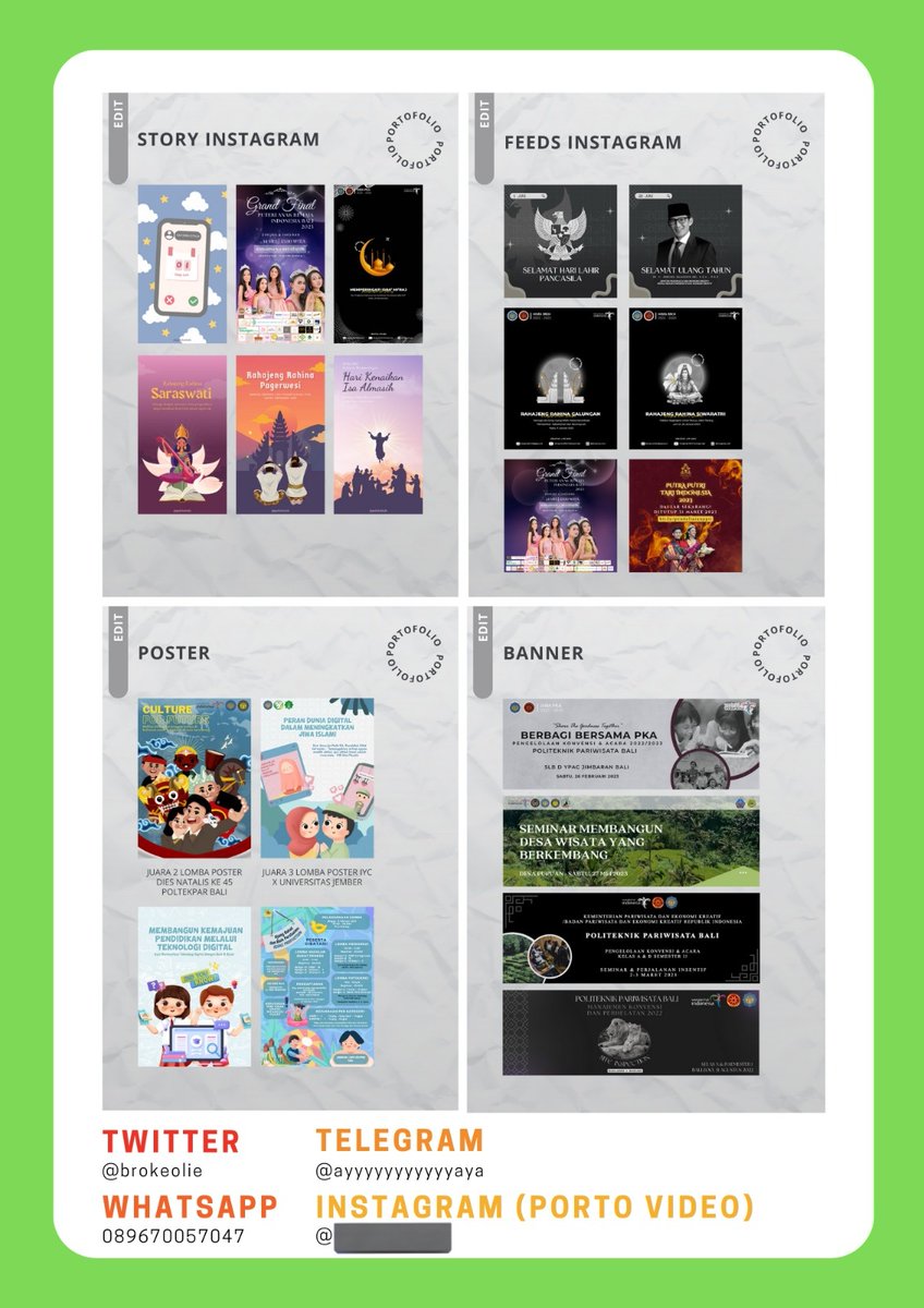 Hi! Yaya open ya untuk : 
— edit video 
— edit pricelist 
— edit poster &amp; infografis 
— edit mindmap
— jasa buat ppt 
— jasa tulis &amp; ketik 
— gambar manual

Boleh tanya tanya terlebih dahulu (cp ada di bio ya) 😉 

#zonaba #zonauang️