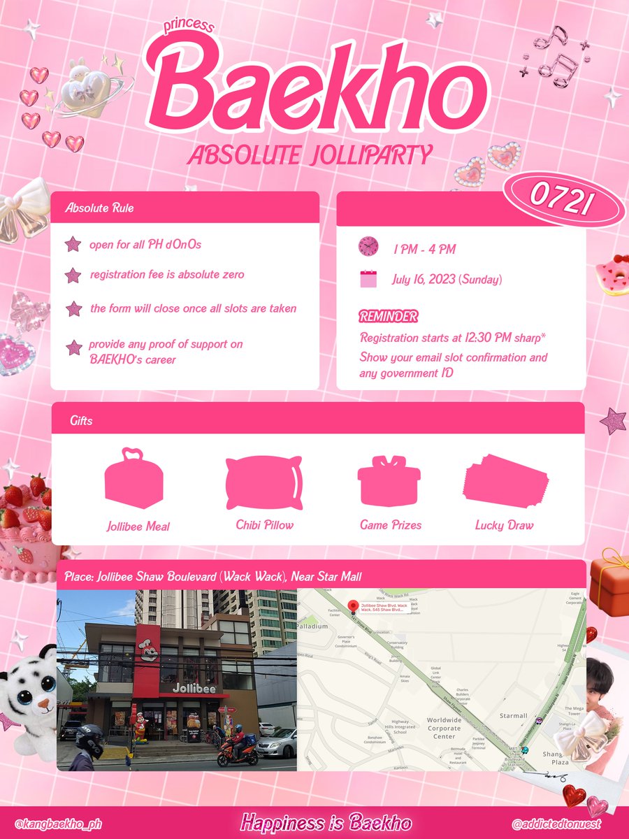 👸🐯𝒫𝑅𝐼𝒩𝒞𝐸𝒮𝒮 𝐵𝒜𝐸𝒦𝐻𝒪: 𝘼𝙗𝙨𝙤𝙡𝙪𝙩𝙚 𝙅𝙤𝙡𝙡𝙞𝙋𝙖𝙧𝙩𝙮🎉

𝗖𝗼𝗺𝗲 𝗮𝗻𝗱 𝗷𝗼𝗶𝗻 𝘂𝘀!
📅 July 16 (SUN)
🕒1PM - 4PM
📌Jollibee Shaw Blvd(Wack Wack)

Absolute Zero Fee 
🔗tinyurl.com/JolliBAEKHOPar…

#백호 #BAEKHO #KANGDONGHO #강동호
#HappyBaekhoDay @BAEKHO_PLEDIS