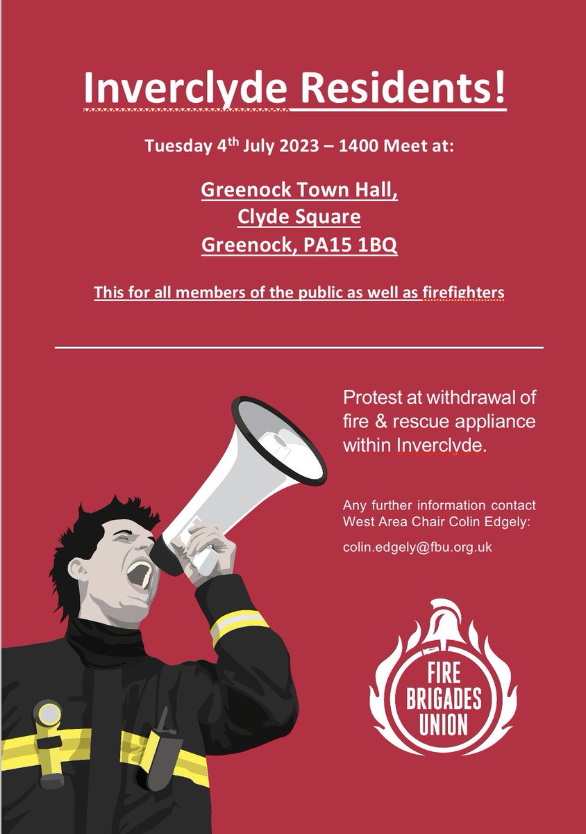 WestScotlandFBU's tweet photo. £m’s of cuts. 1100 jobs gone in 10 years. Response times up 14%. 

And now they want to cut even more. 

Enough is enough!

Let’s see a big turnout in Greenock! 💪🏻 https://t.co/Moka0i0ltT