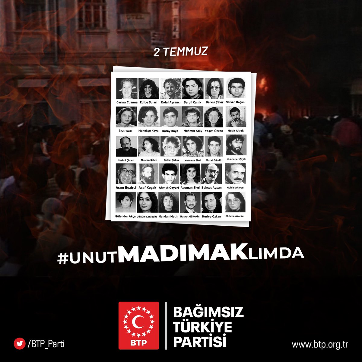 #unutMADIMAKlımda Madımak Katliamının 30. yılında hayatını kaybeden tüm vatandaşlarımızı rahmetle anıyoruz.  #Madımakoteli