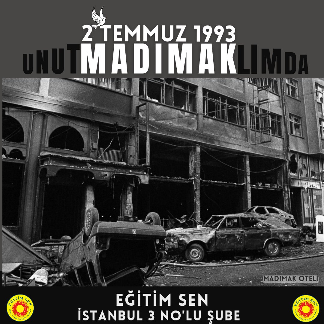 2 Temmuz 1993'te Sivas'ta katledilenleri azmettirenleri ve katliamı aklayanları unutmadık. Unutturmayacağız...

#UnutMADIMAKlımda
#SivasKatliamı