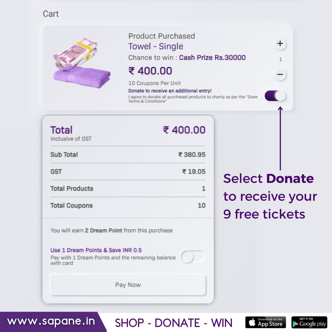 SapaneIn's tweet photo. 🎉 To Win Rs.30000 just got 10 times easier
🥵 Buy 1, donate, and get 9 tickets free!!!

👌🏻Isn't that great? So, Why wait!! Offer valid till 5th July 2023

🛍️Hurry up and Shop Now only on https://t.co/6GQrUO2p7L
.
#sapane #donate #dream #ngo #charity #shoptowin #money #cashprize https://t.co/cKrxejt6sM
