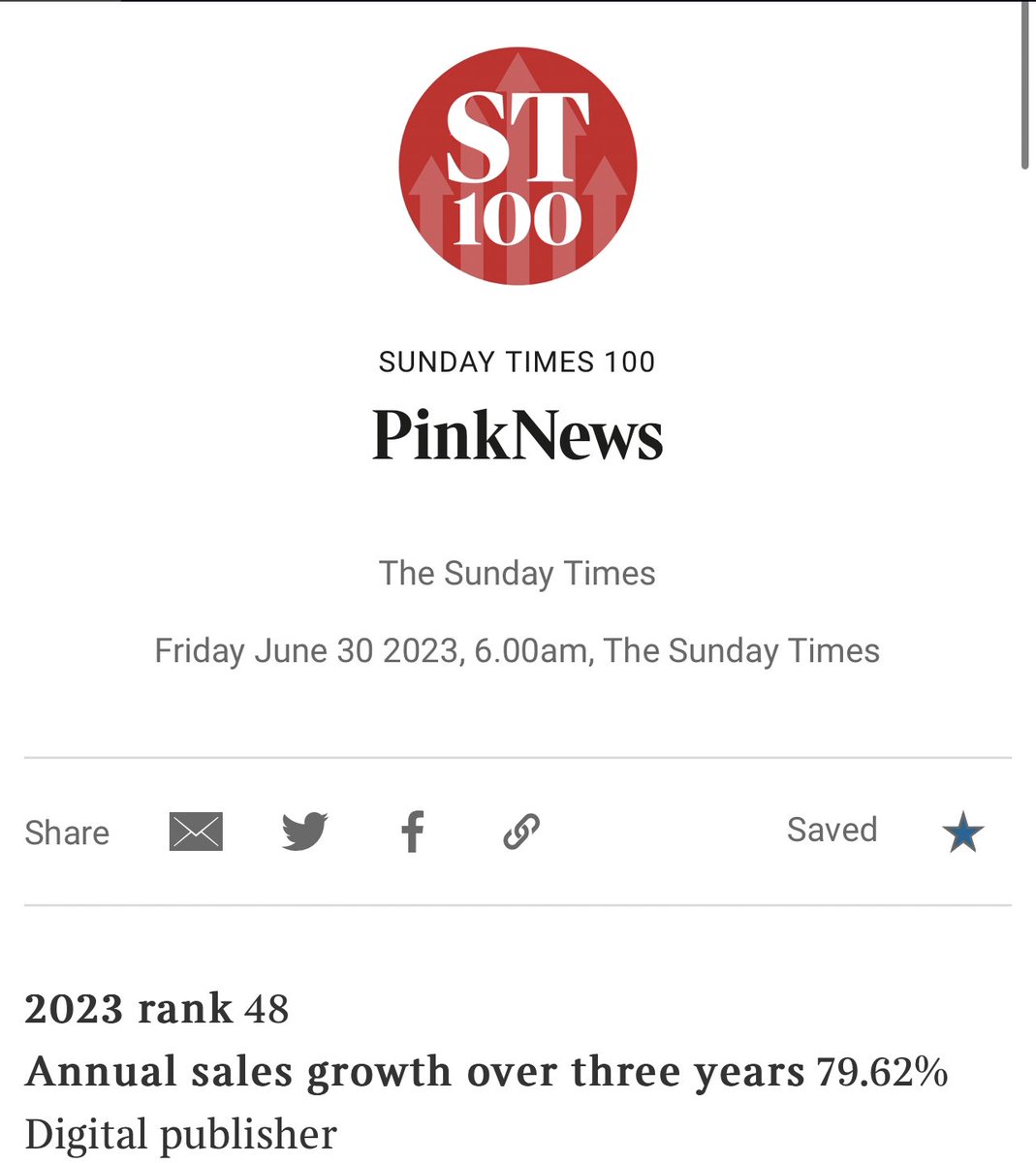 Unusually something LGBTQ+ positive in the Sunday Times: @PinkNews has been listed in the fastest growing British businesses- the only media company to make the ST 100 (we are ranked #48). Thanks to the team, brands, ad agencies and platforms that have fuelled this growth 🏳️‍🌈🏳️‍⚧️