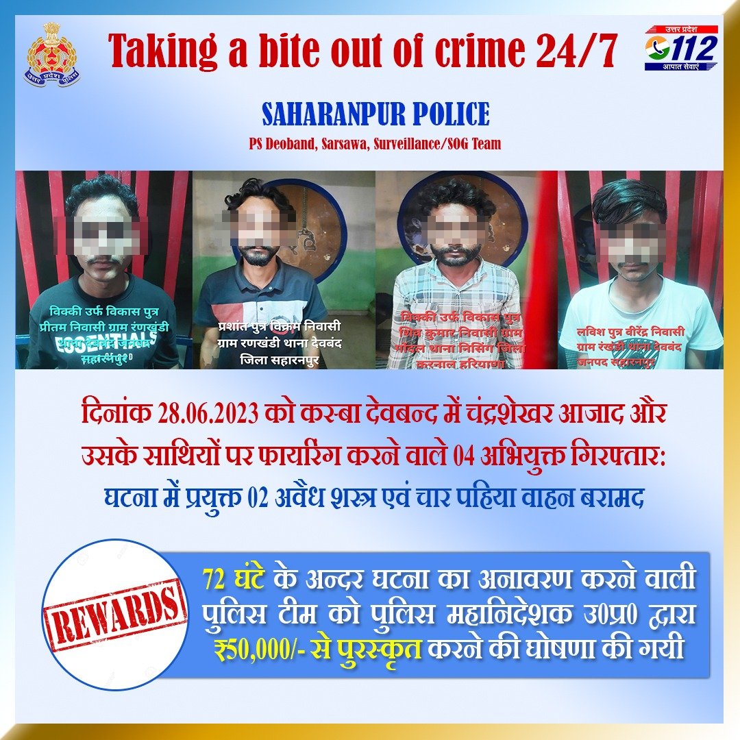 Zero Tolerance Against Crime - दिनांक 28.06.2023 को कस्बा देवबन्द में चंद्रशेखर आजाद पर फायरिंग करने वाले 04 अभियुक्तों को @saharanpurpol द्वारा 72 घंटे के अन्दर गिरफ्तार किया गया है। पुलिस टीम को @dgpup द्वारा ₹50,000/- से पुरस्कृत करने की घोषणा की गयी। #WellDoneCops