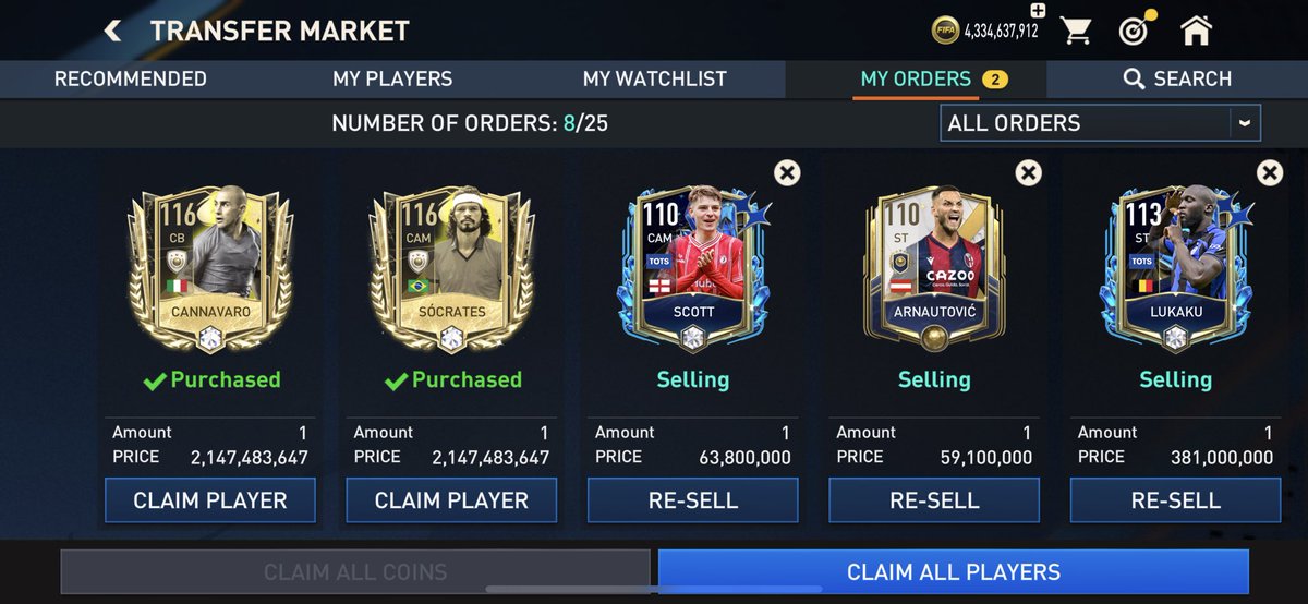 141 Reached without many major changes! 
Cannavaro ✅ 
Socrates ✅ 
Pele bid⌛️
Cantona bid⌛️
Balance - 4.1B coins