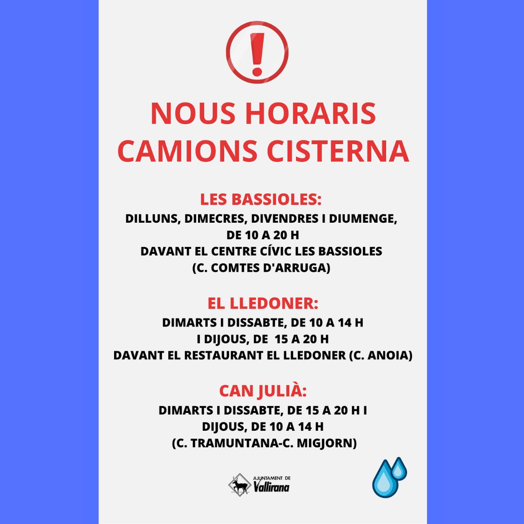 El_Lledoner's tweet photo. A partir del 3 de julio, nuevo horario de la cisterna de agua potable. https://t.co/Ab0cjVwJD6