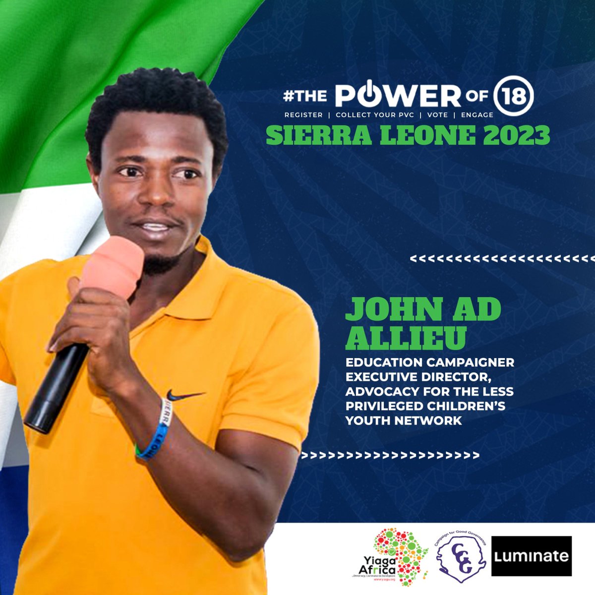 DeAlpheus's tweet photo. Meet with the winner of #ThePowerOf18
Amb John AD Allieu the Champion of Bo District, Mobilizing and Educating Voters on voting rights and Peace building messages before, during and after the June 24 Elections in Sierra Leone
@YIAGA, @CGGSierraLeone
@thepowerof18 https://t.co/ndbqRnaa7z