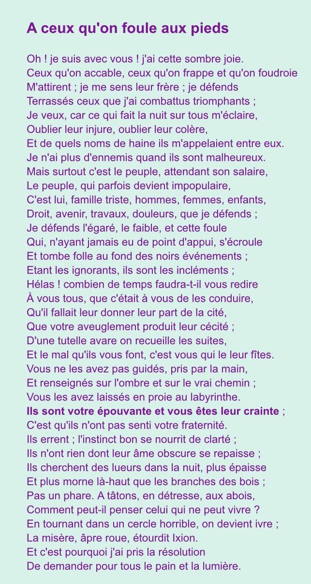 À ceux qu’on foule aux pieds (Victor Hugo, 1871) :

« Le mal qu’ils vous font, c’est vous qui le leur fîtes… Ils sont votre épouvante et vous êtes leur crainte ». #Nahel 

[Tout le poème ici ▶️ toupie.org/Textes/A_ceux.… ]