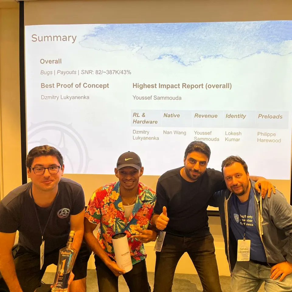 Dzmitry Lukyanenko (@vulnano) on Twitter photo Last days I've spent on Meta's BountyCon event hosted in Seoul, Korea.
Together with my teammates(<a href="/phwd_/">Philippe Harewood</a>, <a href="/samm0uda/">Youssef Sammouda (sam0)</a> and <a href="/JosipFranjkovic/">Josip Franjković</a> ) we took 1-2 places and won 5/7 nominations.
Also special thanks from me for event collaboration with <a href="/_bagipro/">Sergey Toshin</a> & <a href="/OversecuredInc/">Oversecured</a> scanner. Last days I've spent on Meta's BountyCon event hosted in Seoul, Korea.
Together with my teammates(<a href="/phwd_/">Philippe Harewood</a>, <a href="/samm0uda/">Youssef Sammouda (sam0)</a> and <a href="/JosipFranjkovic/">Josip Franjković</a> ) we took 1-2 places and won 5/7 nominations.
Also special thanks from me for event collaboration with <a href="/_bagipro/">Sergey Toshin</a> & <a href="/OversecuredInc/">Oversecured</a> scanner.