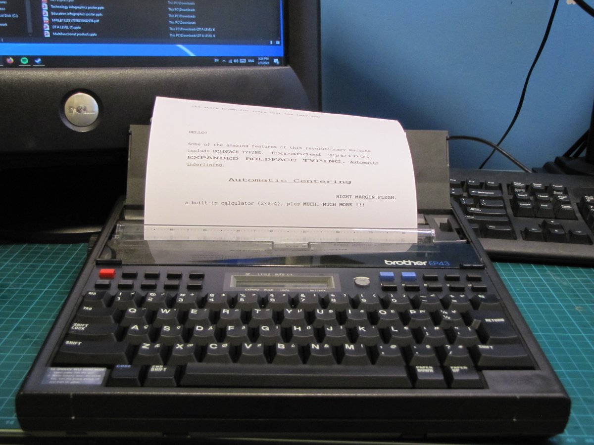 Cheese06909689's tweet photo. Massive score this week, Brother EP 43 typewriter sold as parts, a couple C cells and she is off to the races. The best part is, it can also print thermally. https://t.co/eNsoskbbIZ
