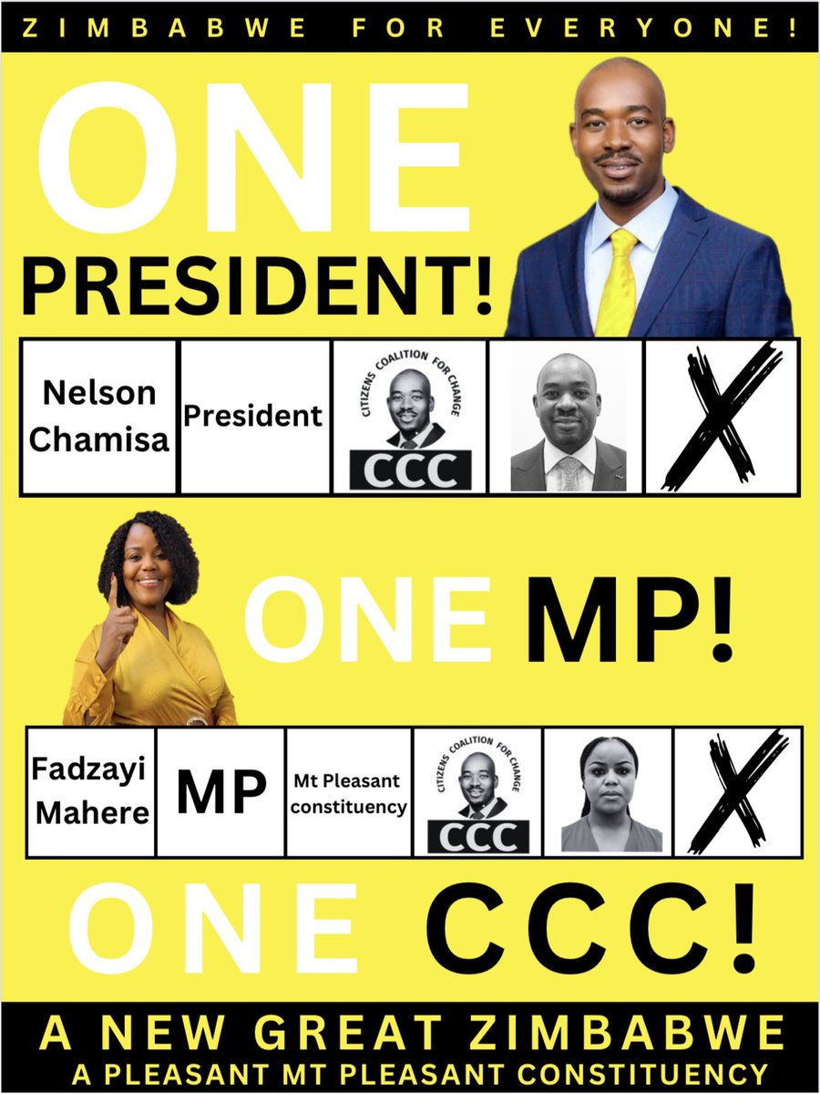 advocatemahere's tweet photo. 🌻Hello Mount Pleasant!

➡️President- Vote Nelson Chamisa
➡️MP - Vote Fadzayi Mahere 
➡️Ward 7 - Vote Rosemary Muronda 
➡️Ward 17 - Vote HappymoreGotora

#OnePresidentOneMPOneCCC https://t.co/Rr9yhvHc1Q