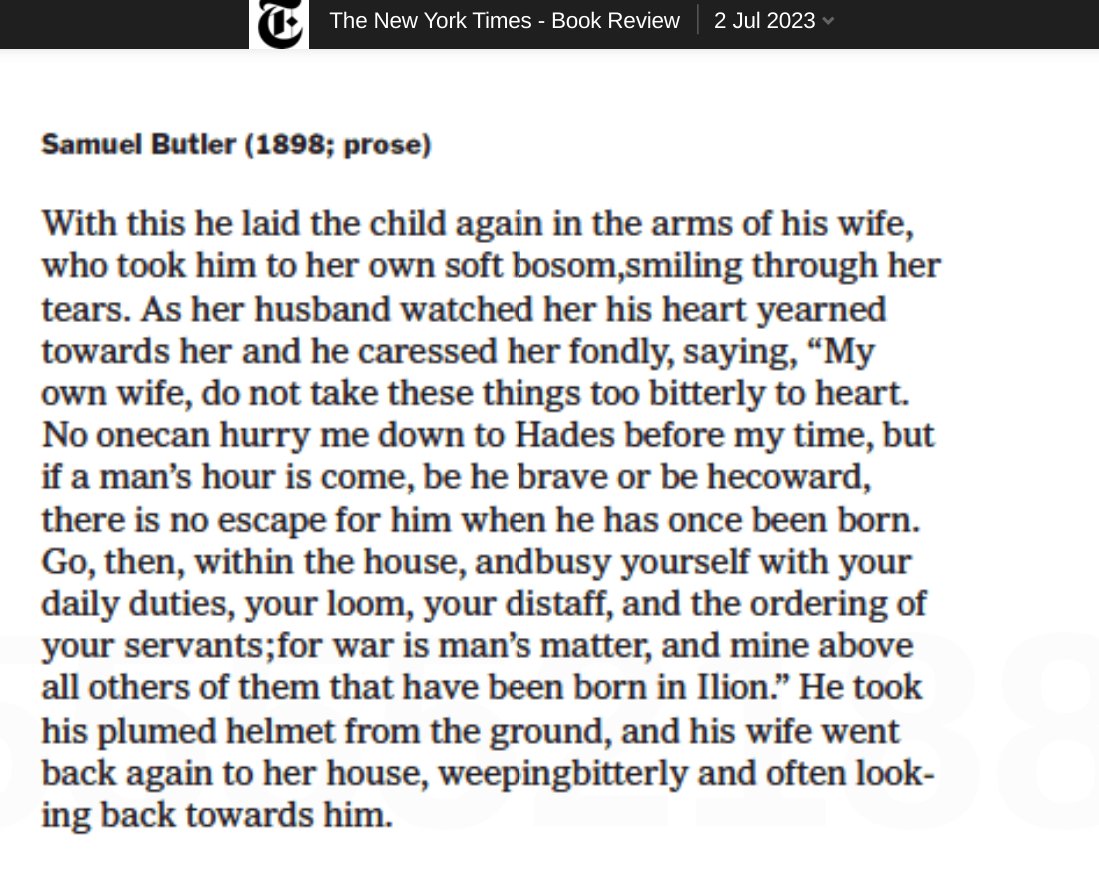 masto.ai/@A_LaFarge/110…:
If the TBR issue devoted works in translation excites hope for meaningful or extended comment on the work of translators, prepare to be disappointed. And prepare to gasp in horror at the rendering of a passage of Samuel Butler's translation of the Iliad.
