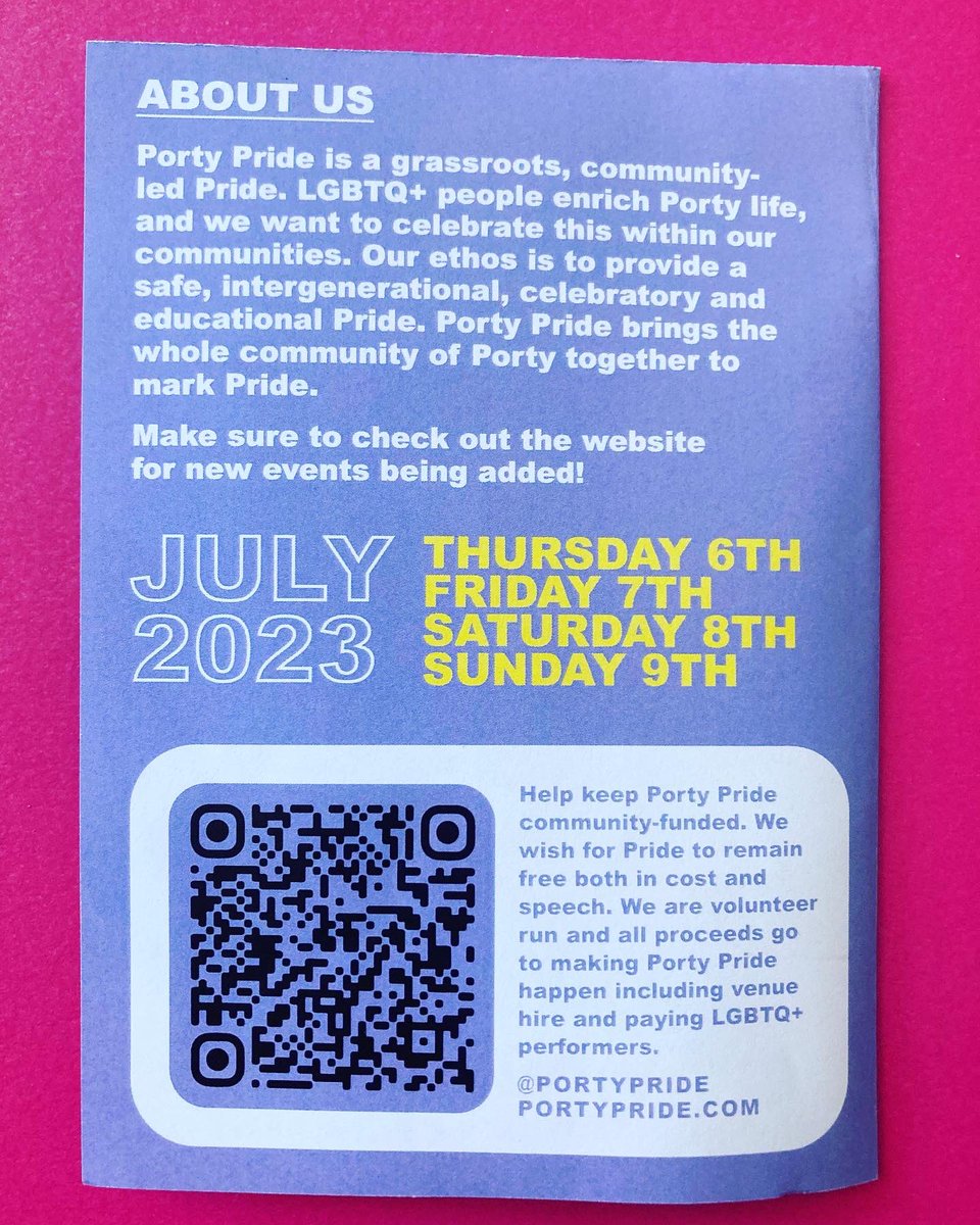 Porty Pride ‘23 Programme

Dog Walk / Skate / Swim / Roll / Dance / Make / Learn / Art / Poetry / Picnic / Films / Pride Ride / Parkour / Beach Clean / Volleyball / Market / Sing / Run / Rock Out !
portypride.com
#pride #pridemonth #lgbtqia #lgbtqpride #lgbtqcommunity