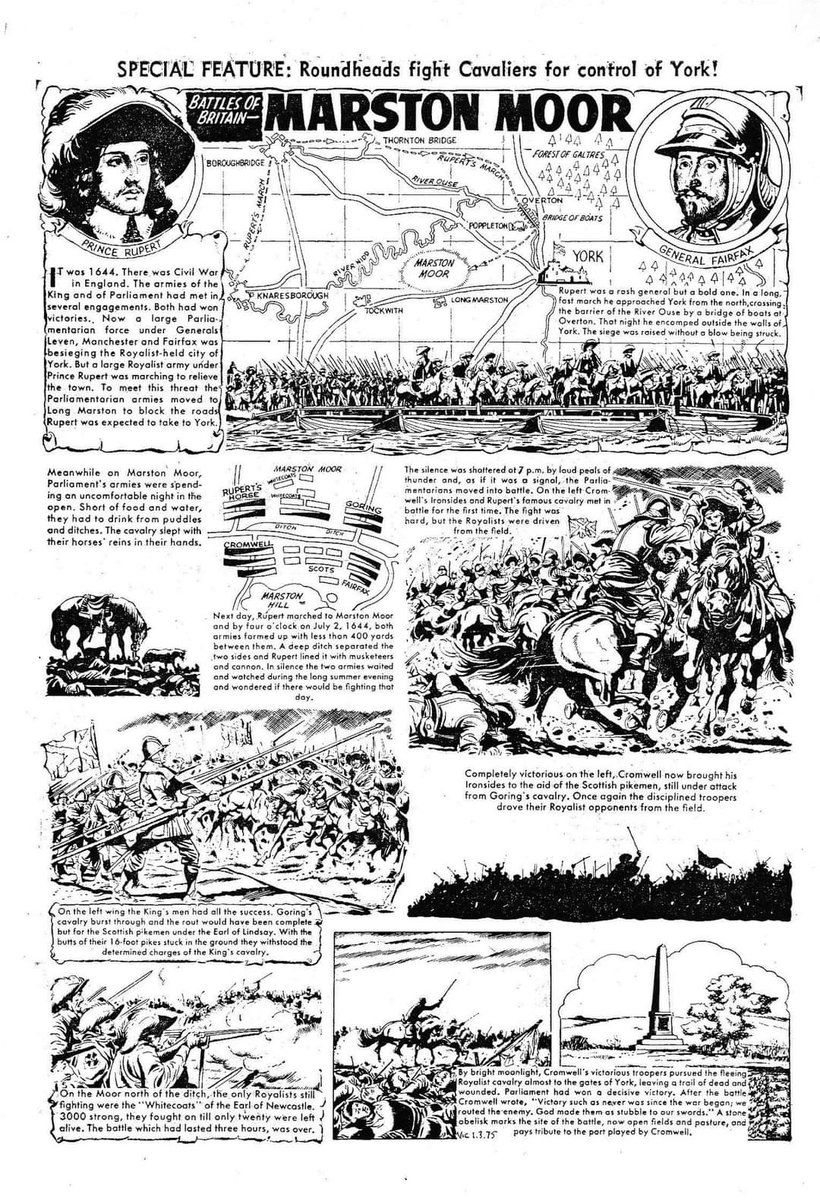 🔸2 July 1644: the Battle of Marston Moor. As illustrated in The Victor, March 1975.
🔸Credit to Stephen Tindle who posted this on the 'English Civil War Dioramas' Facebook page.
#MarstonMoor #Yorkshire #History #OTD #Victor #comicbook #EnglishCivilWar #BritishCivilWars