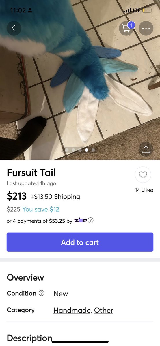zephpaws's tweet photo. The scammer is now attempting to sell MY TAIL with MY DESIGN on an American website (Mercari) I have no access to so I can’t report etc. PLEASE REPORT, MESSAGE THEM IF YOU CAN. They have stolen €500 from me and are now selling MY tail!!! https://t.co/YDSDHkcvFk