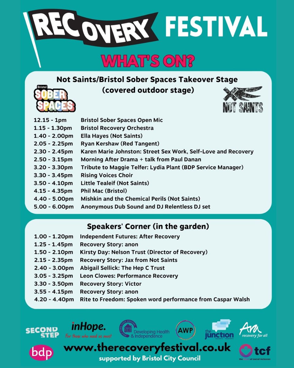 RecFestBristol's tweet photo. Recovery Festival 2023 is happening TOMORROW! 
🎉🥁🎶💃🏽🎭

We hope you are all looking forward to it as much as we are. Here's a reminder of the programme so you can plan your day!

See you tomorrow from 12 - 6pm at the Trinity Centre - St Jude's, BS2 0NW. https://t.co/CEL1tm5y9f