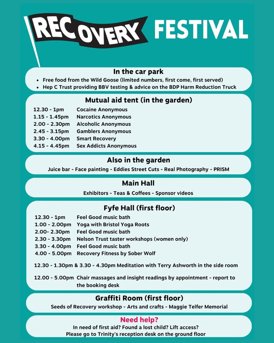 RecFestBristol's tweet photo. Recovery Festival 2023 is happening TOMORROW! 
🎉🥁🎶💃🏽🎭

We hope you are all looking forward to it as much as we are. Here's a reminder of the programme so you can plan your day!

See you tomorrow from 12 - 6pm at the Trinity Centre - St Jude's, BS2 0NW. https://t.co/CEL1tm5y9f