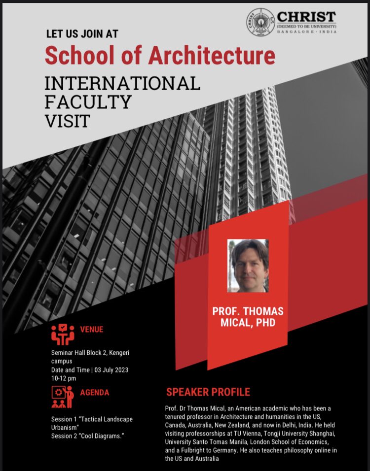 All, Please join for the international Talk <a href="/ThomasMicallef/">Thomas Micallef</a> at #SoaChrist <a href="/ChristKengeri/">Christ Kengeri</a> <a href="/CHRISTITES/">CHRIST UNIVERSITY</a> on #Urban #Landscape #Diagrams #architecturaldesign <a href="/ThomasTV6/">Thomas T V</a> anchored by @TanyaJaisw4892 <a href="/JyothiGupta/">Jyothi Gupta</a> #ThomasMical