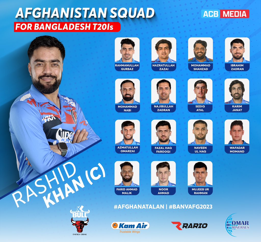 ACBofficials's tweet photo. 🚨 SQUAD ALERT 🚨

Here's Afghanistan Squad for the @BCBtigers T20Is, scheduled for July 14-16 in Sylhet. 🤩 

#AfghanAtalan | #BANvAFG2023 | #XBull https://t.co/pZcd6vCYDe