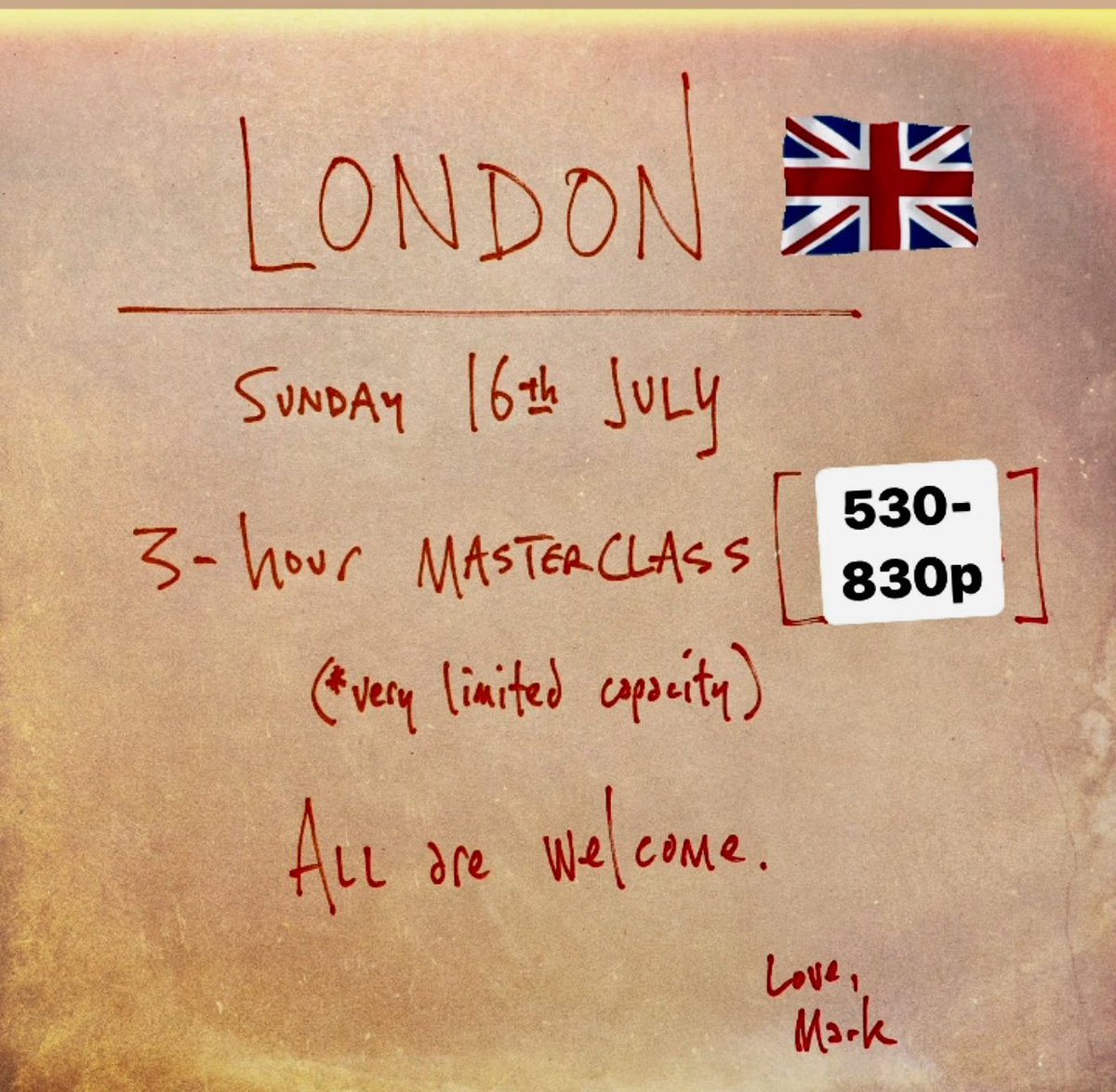 mikedolbear's tweet photo. Two weeks today the only UK masterclass with @markguiliana 

1.00-4.00 sold out
5.30-8.30 a couple of slots left https://t.co/4roovL6DeV