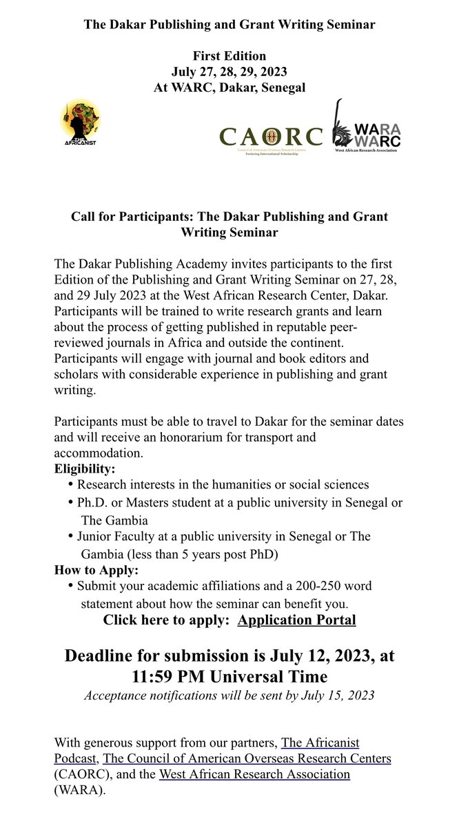 The Africanist - Podcast (@theafricanistp1) on Twitter photo Great opportunity for grad students and junior faculty at public universities in Senegal and The Gambia.
Share widely.
Apply here👇🏿👇🏿
tdy.lol/amGHL
<a href="/UCAD_Senegal/">Université Cheikh Anta Diop de Dakar</a> <a href="/UniOfGambia/">University of The Gambia</a> <a href="/UGBSN/">UGB Sénégal</a> <a href="/UAS_Ziguinchor/">Université Assane Seck de Ziguinchor</a> <a href="/UniversiteThies/">Université de Thiès</a> <a href="/uadbsn/">Université Alioune Diop de Bambey</a> <a href="/unchk_sn/">Université numérique Cheikh Hamidou KANE (UN-CHK)</a> <a href="/caorc/">CAORC</a> <a href="/west_wara/">WARA - West African Research Association</a> <a href="/SenegambianSG/">Senegambian Studies Group</a> Great opportunity for grad students and junior faculty at public universities in Senegal and The Gambia.
Share widely.
Apply here👇🏿👇🏿
tdy.lol/amGHL
<a href="/UCAD_Senegal/">Université Cheikh Anta Diop de Dakar</a> <a href="/UniOfGambia/">University of The Gambia</a> <a href="/UGBSN/">UGB Sénégal</a> <a href="/UAS_Ziguinchor/">Université Assane Seck de Ziguinchor</a> <a href="/UniversiteThies/">Université de Thiès</a> <a href="/uadbsn/">Université Alioune Diop de Bambey</a> <a href="/unchk_sn/">Université numérique Cheikh Hamidou KANE (UN-CHK)</a> <a href="/caorc/">CAORC</a> <a href="/west_wara/">WARA - West African Research Association</a> <a href="/SenegambianSG/">Senegambian Studies Group</a>