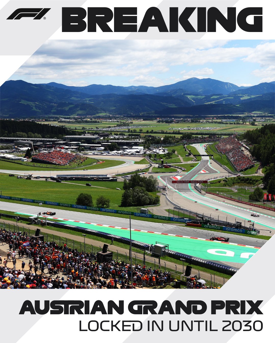 Breaking news graphic announcing that the Austrian Grand Prix will remain on the Formula 1 calendar until at least 2030 