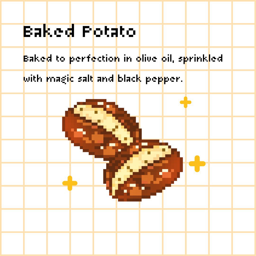 GendonStudio's tweet photo. Feeling hot and crispy with this baked potato delight!
.
.
.
 #illustration #drawing #art #pixel #pixelart #indiedev #indiegame #indiedeveloper #indie #indiegamedev #gamedev #gameartist #gameart https://t.co/gyB1Zi2EmE